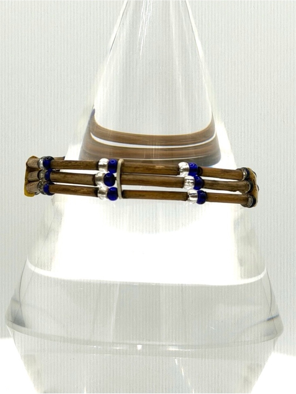 Vintage Bamboo Blue & Clear Crystal Cuff Bracelet Unisex Mens Woman’s Jewelry